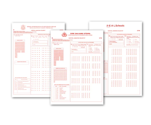 Three red answer sheets